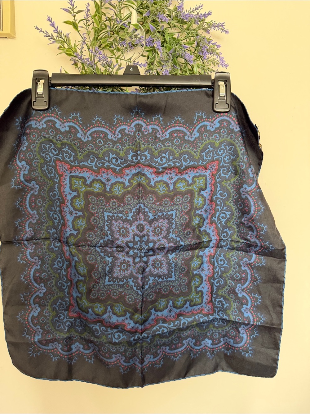 Elegant Black Paisley-Print Silk Scarf with Blue & Green Motif